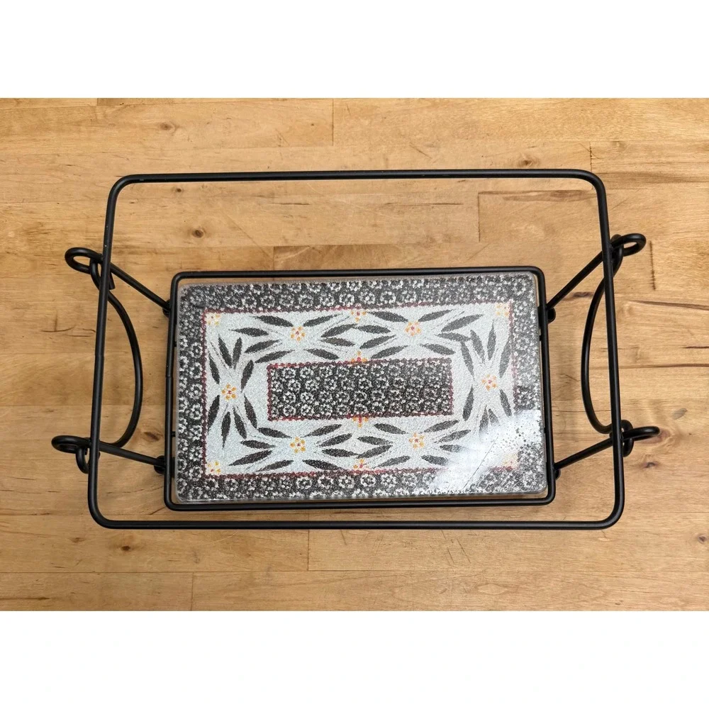 Temp-Tations Old World Wrought Iron Casserole Carrier Stand Black Glass Base